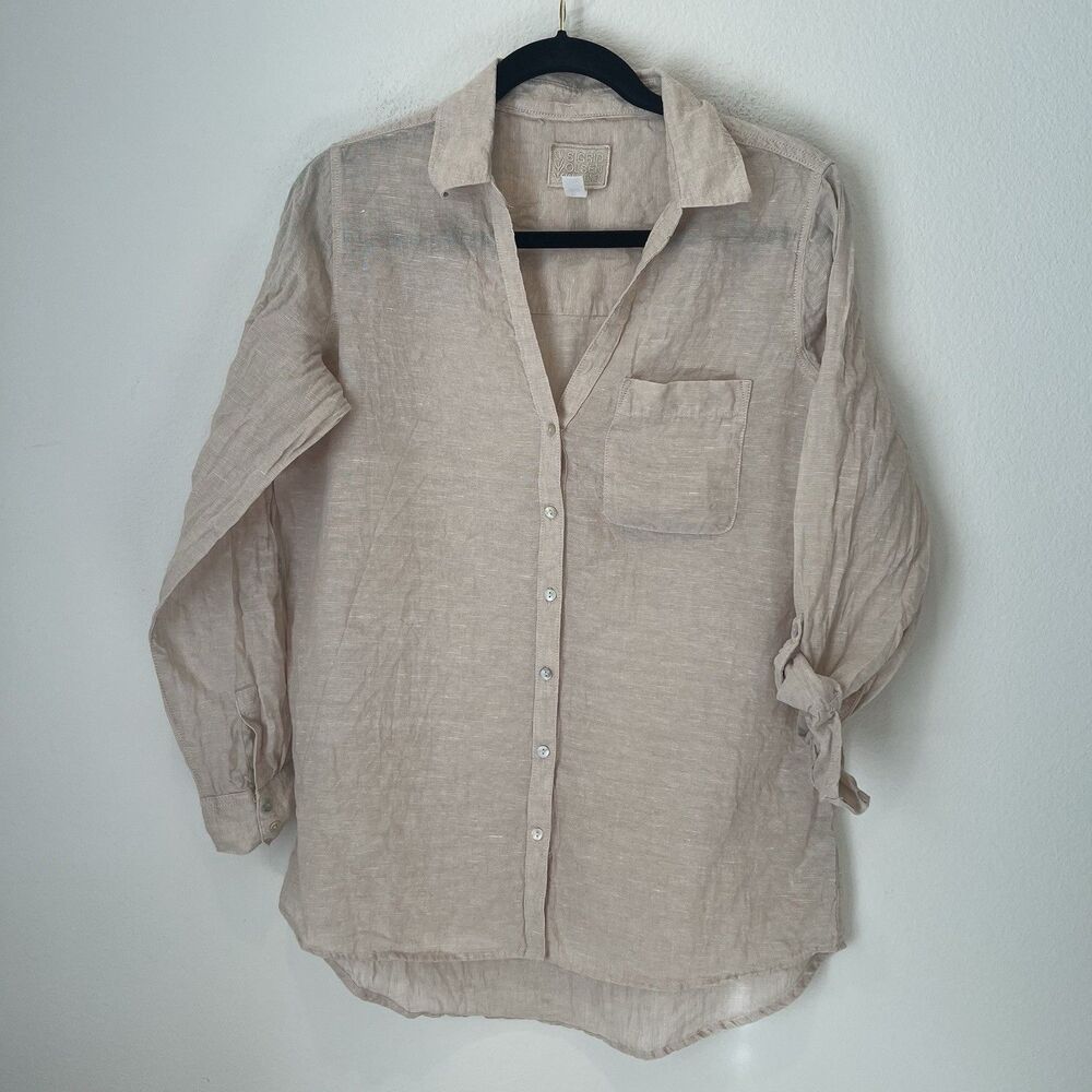 Sigrid Olsen linen shirt button up roll tab long sleeve tan Lagenlook Coastal